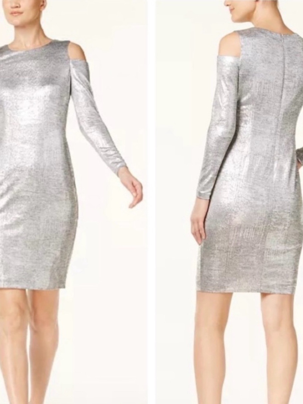 🩶 Calvin Klein Silver Cold-Shoulder Midi Dress
